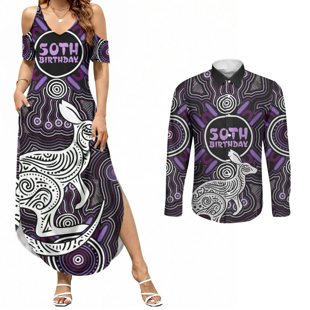Personalised Aboriginal 50th Birthday Couples Matching Summer Maxi Dress and Long Sleeve Button Shirt Kangaroo Indigenous Dot Art Australian Culture