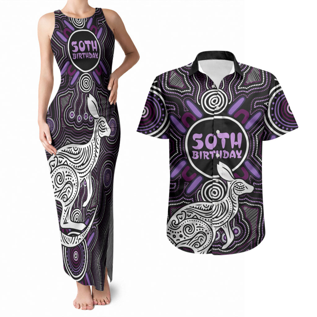 Personalised Aboriginal 50th Birthday Couples Matching Tank Maxi Dress and Hawaiian Shirt Kangaroo Indigenous Dot Art Australian Culture