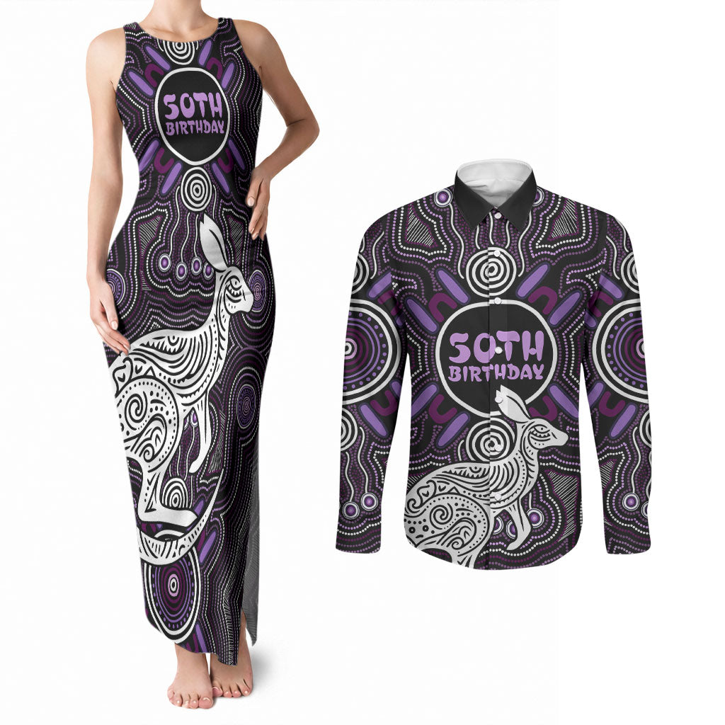 Personalised Aboriginal 50th Birthday Couples Matching Tank Maxi Dress and Long Sleeve Button Shirt Kangaroo Indigenous Dot Art Australian Culture