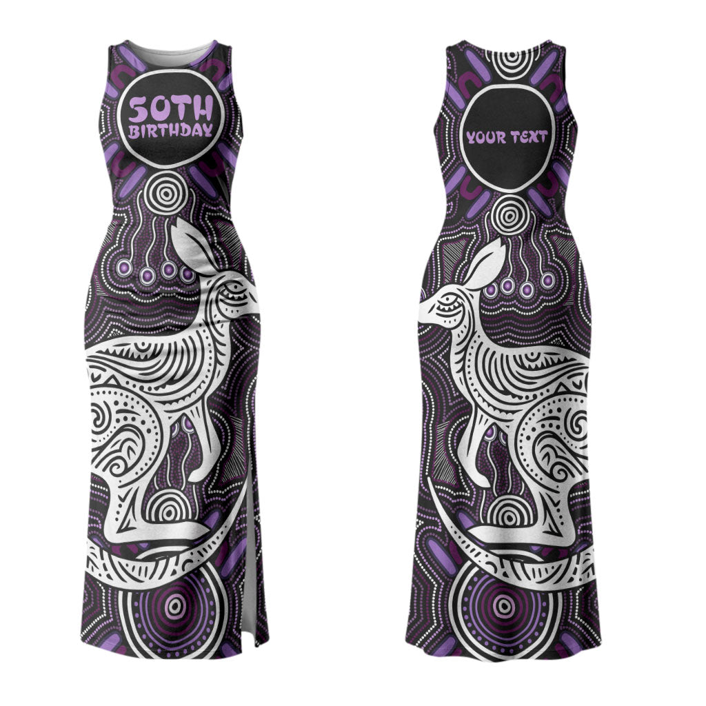 Personalised Aboriginal 50th Birthday Couples Matching Tank Maxi Dress and Long Sleeve Button Shirt Kangaroo Indigenous Dot Art Australian Culture