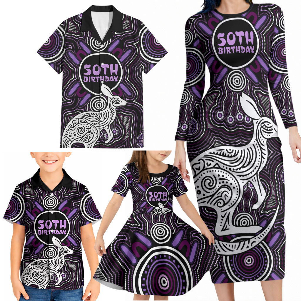 Personalised Aboriginal 50th Birthday Family Matching Long Sleeve Bodycon Dress and Hawaiian Shirt Kangaroo Indigenous Dot Art Australian Culture