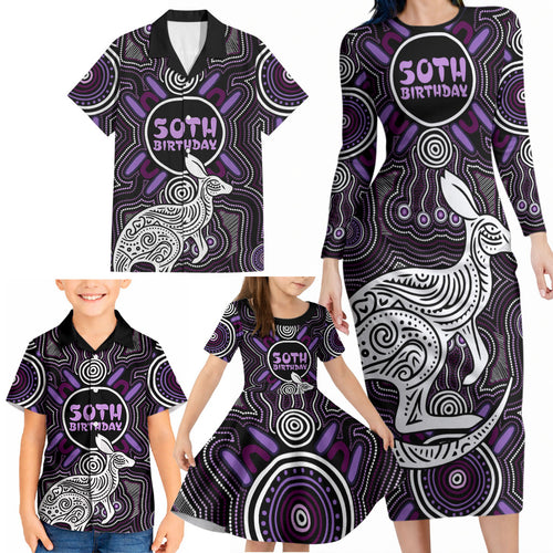 Personalised Aboriginal 50th Birthday Family Matching Long Sleeve Bodycon Dress and Hawaiian Shirt Kangaroo Indigenous Dot Art Australian Culture