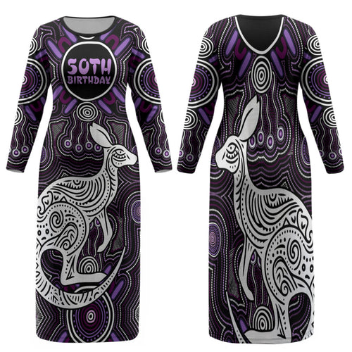 Personalised Aboriginal 50th Birthday Family Matching Long Sleeve Bodycon Dress and Hawaiian Shirt Kangaroo Indigenous Dot Art Australian Culture