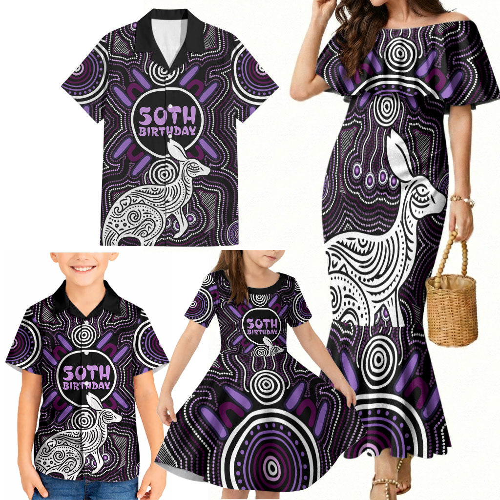 Personalised Aboriginal 50th Birthday Family Matching Mermaid Dress and Hawaiian Shirt Kangaroo Indigenous Dot Art Australian Culture