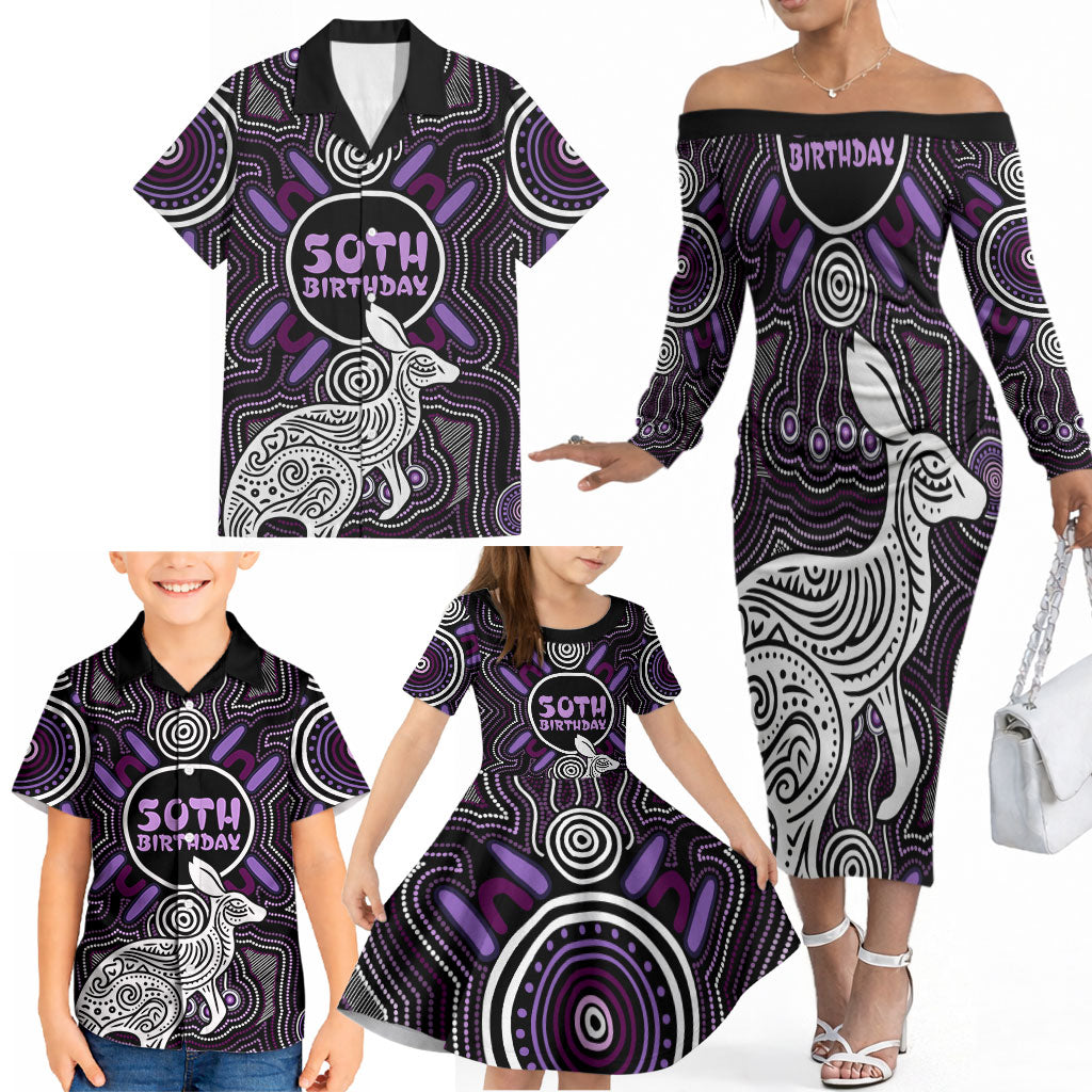 Personalised Aboriginal 50th Birthday Family Matching Off The Shoulder Long Sleeve Dress and Hawaiian Shirt Kangaroo Indigenous Dot Art Australian Culture