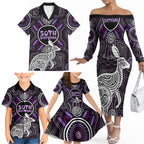 Personalised Aboriginal 50th Birthday Family Matching Off The Shoulder Long Sleeve Dress and Hawaiian Shirt Kangaroo Indigenous Dot Art Australian Culture