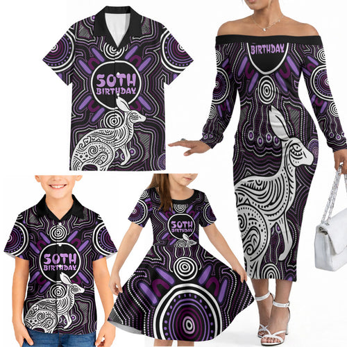 Personalised Aboriginal 50th Birthday Family Matching Off The Shoulder Long Sleeve Dress and Hawaiian Shirt Kangaroo Indigenous Dot Art Australian Culture