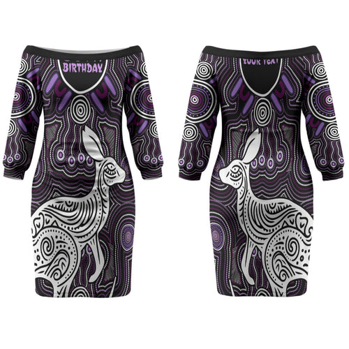 Personalised Aboriginal 50th Birthday Family Matching Off The Shoulder Long Sleeve Dress and Hawaiian Shirt Kangaroo Indigenous Dot Art Australian Culture