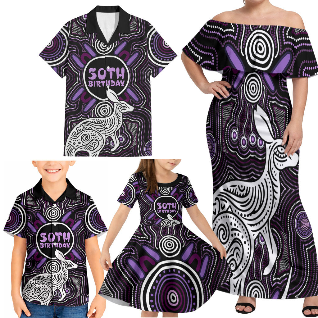 Personalised Aboriginal 50th Birthday Family Matching Off Shoulder Maxi Dress and Hawaiian Shirt Kangaroo Indigenous Dot Art Australian Culture