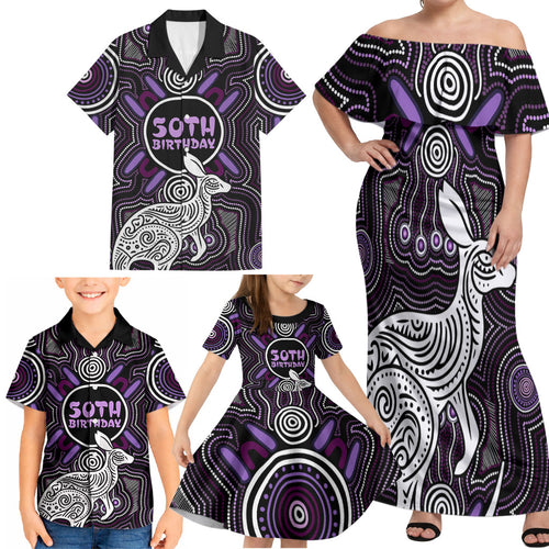 Personalised Aboriginal 50th Birthday Family Matching Off Shoulder Maxi Dress and Hawaiian Shirt Kangaroo Indigenous Dot Art Australian Culture