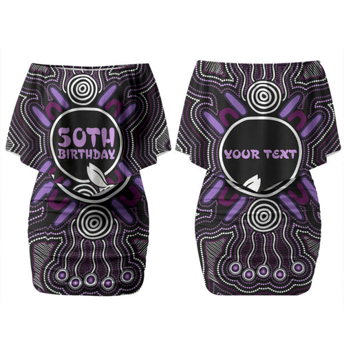 Personalised Aboriginal 50th Birthday Family Matching Off Shoulder Short Dress and Hawaiian Shirt Kangaroo Indigenous Dot Art Australian Culture