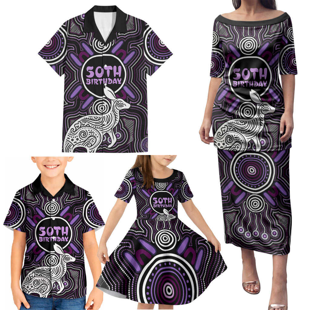 Personalised Aboriginal 50th Birthday Family Matching Puletasi and Hawaiian Shirt Kangaroo Indigenous Dot Art Australian Culture