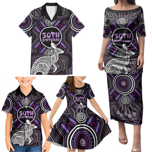 Personalised Aboriginal 50th Birthday Family Matching Puletasi and Hawaiian Shirt Kangaroo Indigenous Dot Art Australian Culture