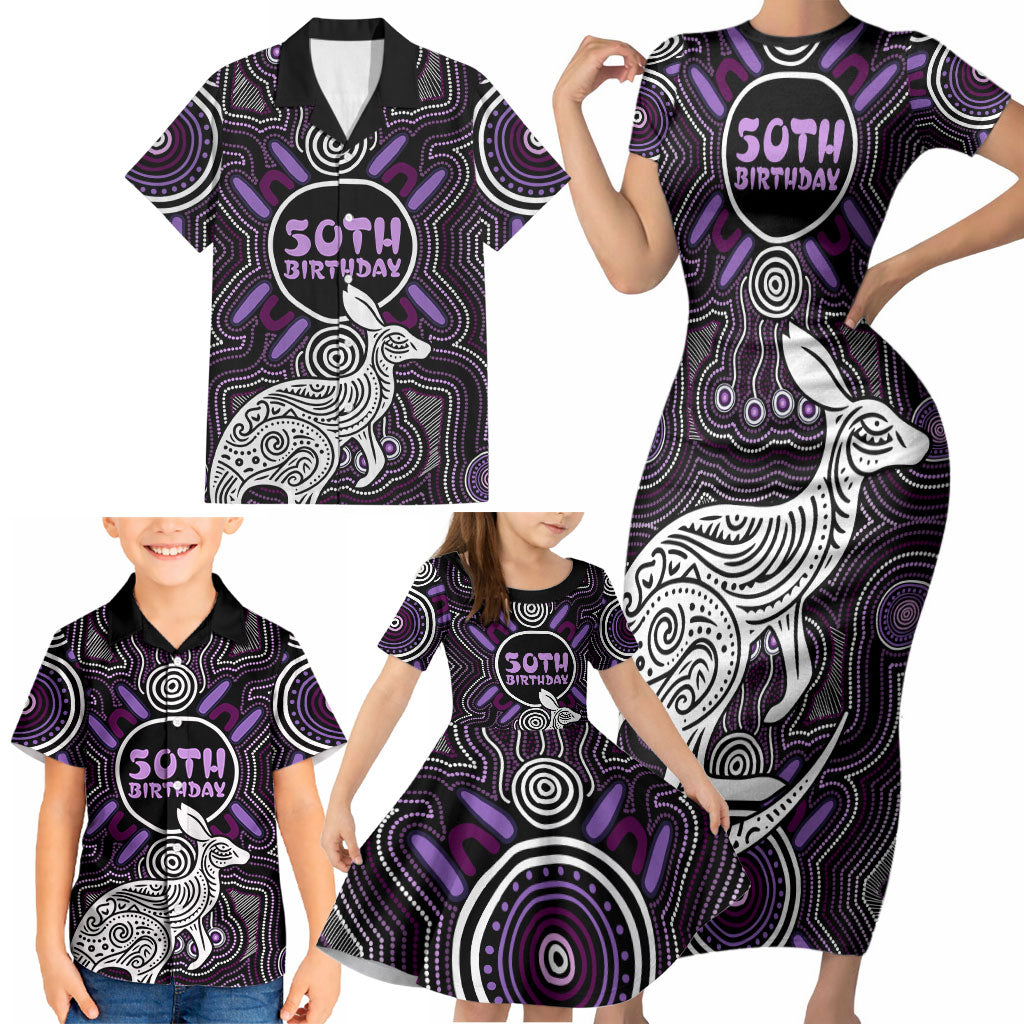 Personalised Aboriginal 50th Birthday Family Matching Short Sleeve Bodycon Dress and Hawaiian Shirt Kangaroo Indigenous Dot Art Australian Culture