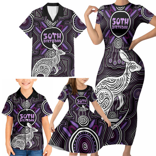 Personalised Aboriginal 50th Birthday Family Matching Short Sleeve Bodycon Dress and Hawaiian Shirt Kangaroo Indigenous Dot Art Australian Culture