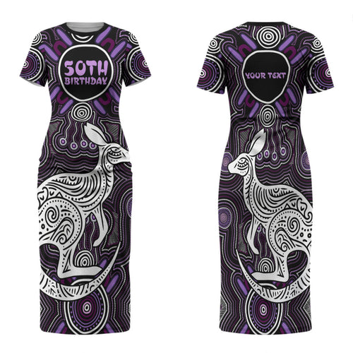 Personalised Aboriginal 50th Birthday Family Matching Short Sleeve Bodycon Dress and Hawaiian Shirt Kangaroo Indigenous Dot Art Australian Culture
