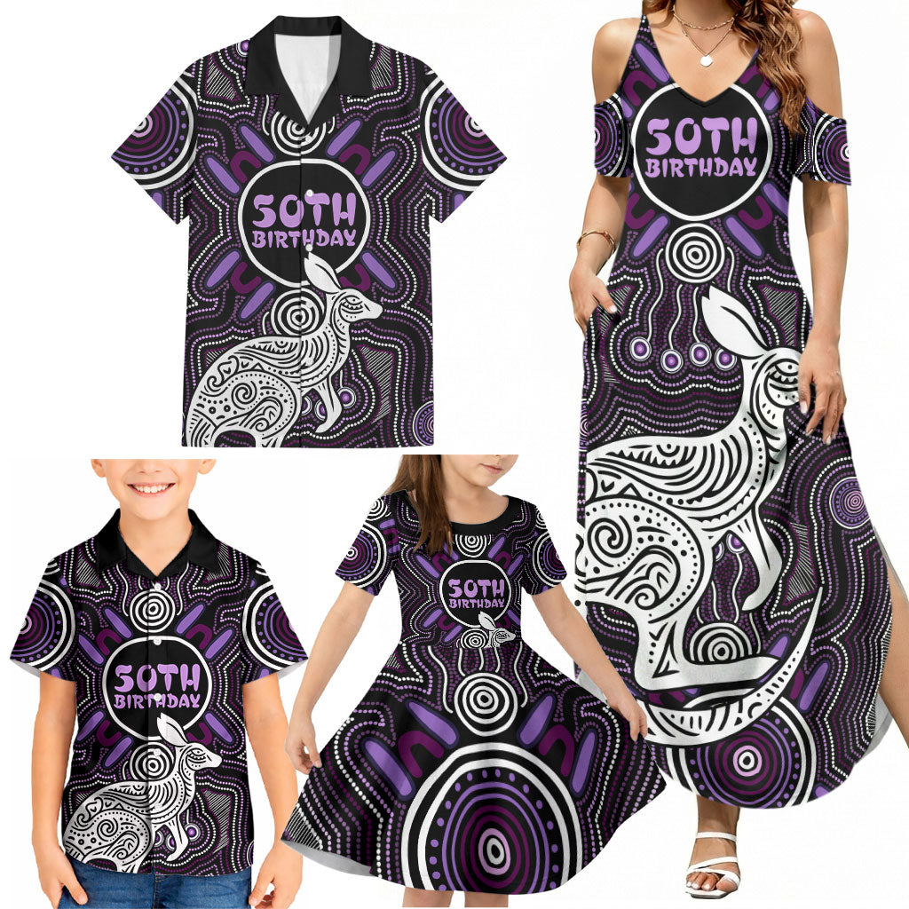 Personalised Aboriginal 50th Birthday Family Matching Summer Maxi Dress and Hawaiian Shirt Kangaroo Indigenous Dot Art Australian Culture