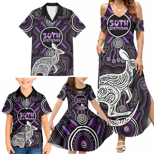 Personalised Aboriginal 50th Birthday Family Matching Summer Maxi Dress and Hawaiian Shirt Kangaroo Indigenous Dot Art Australian Culture