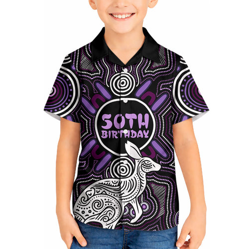 Personalised Aboriginal 50th Birthday Kid Hawaiian Shirt Kangaroo Indigenous Dot Art Australian Culture