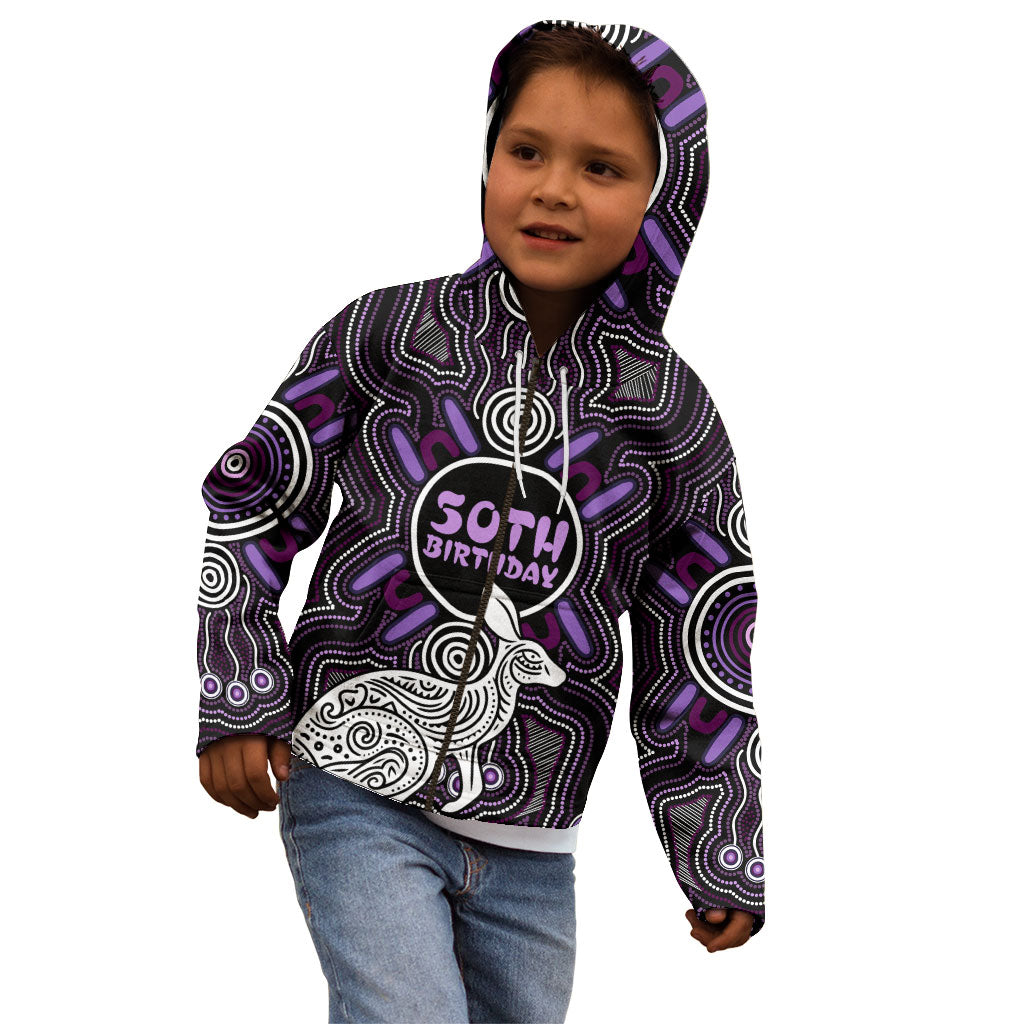 Personalised Aboriginal 50th Birthday Kid Hoodie Kangaroo Indigenous Dot Art Australian Culture