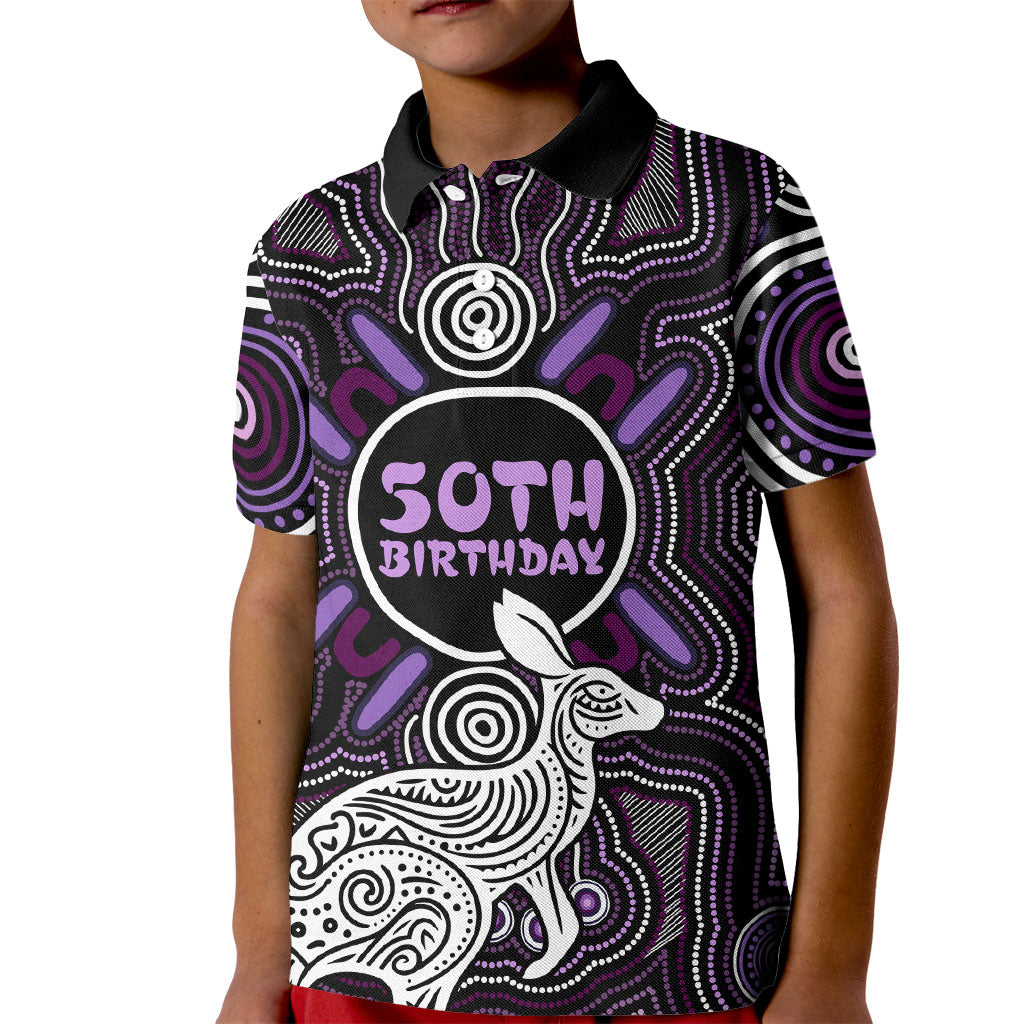 Personalised Aboriginal 50th Birthday Kid Polo Shirt Kangaroo Indigenous Dot Art Australian Culture