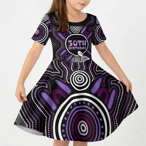 Personalised Aboriginal 50th Birthday Kid Short Sleeve Dress Kangaroo Indigenous Dot Art Australian Culture