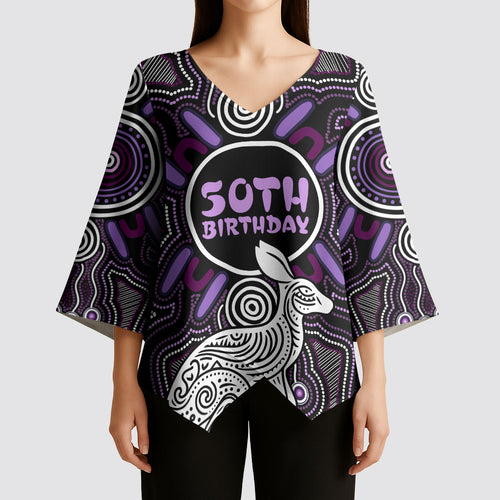 Personalised Aboriginal 50th Birthday Kimono Sleeve Blouse Kangaroo Indigenous Dot Art Australian Culture