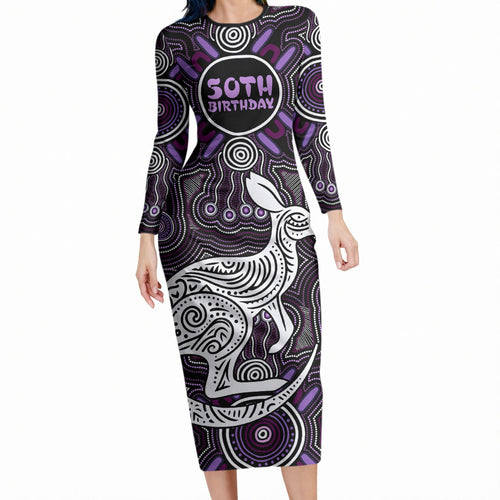 Personalised Aboriginal 50th Birthday Long Sleeve Bodycon Dress Kangaroo Indigenous Dot Art Australian Culture