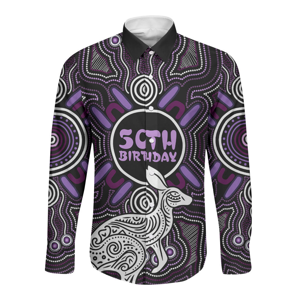 Personalised Aboriginal 50th Birthday Long Sleeve Button Shirt Kangaroo Indigenous Dot Art Australian Culture