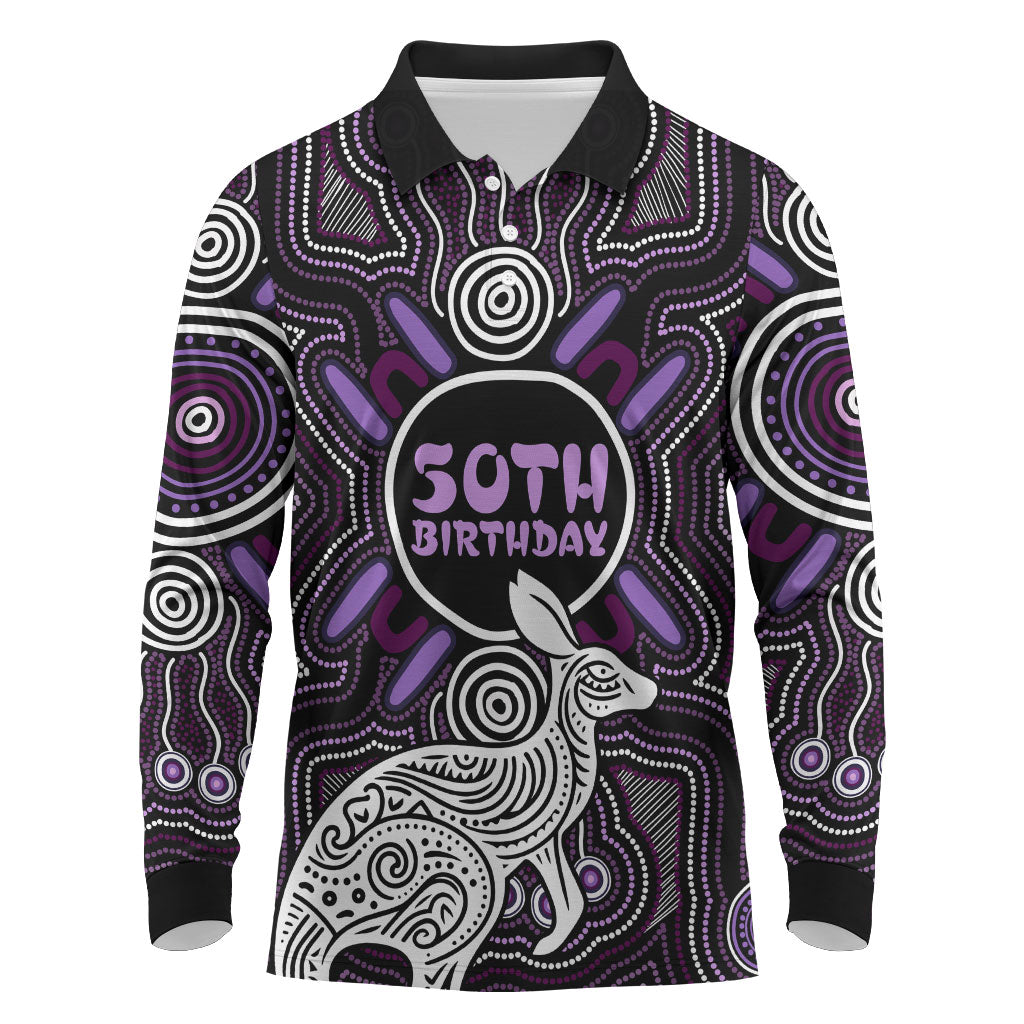 Personalised Aboriginal 50th Birthday Long Sleeve Polo Shirt Kangaroo Indigenous Dot Art Australian Culture