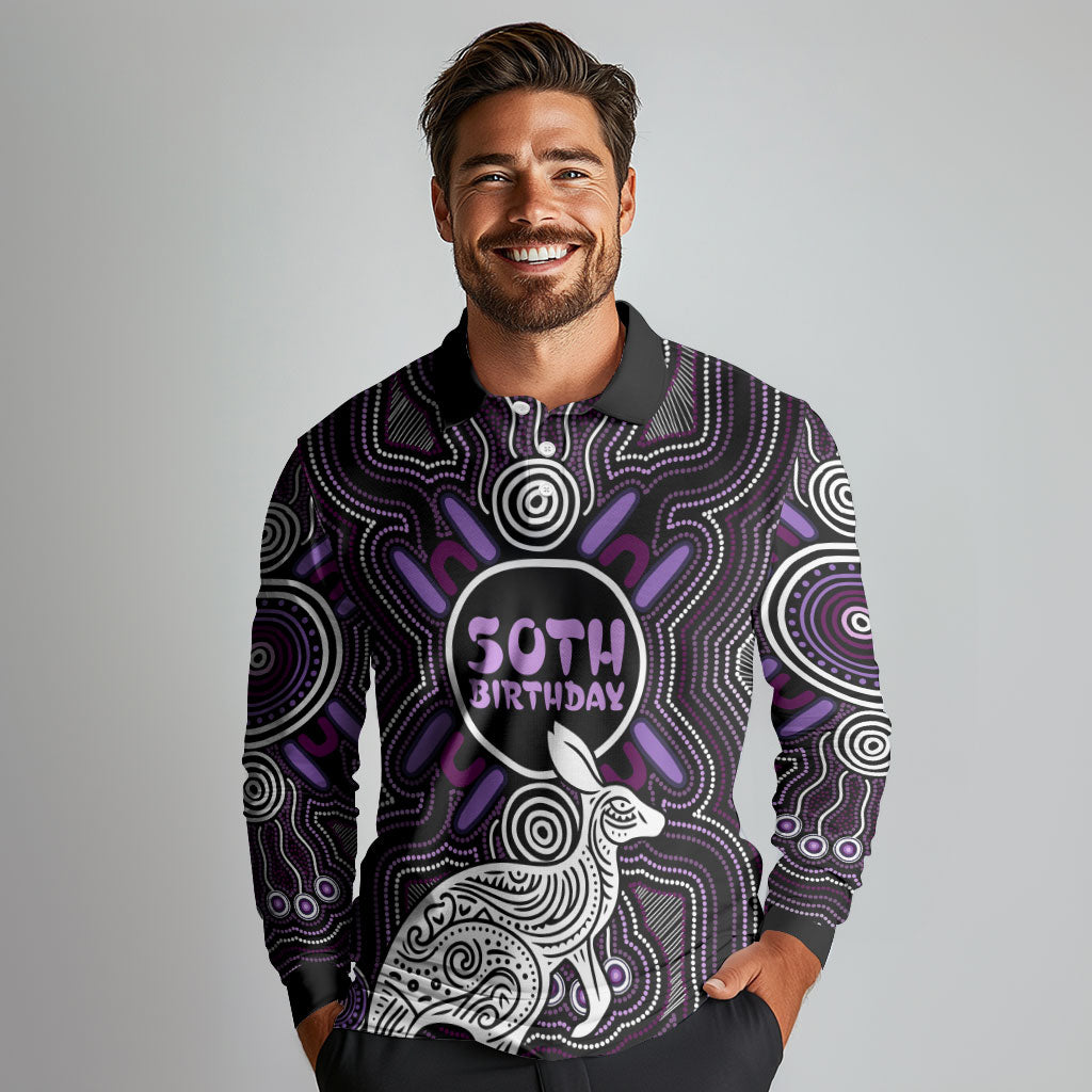 Personalised Aboriginal 50th Birthday Long Sleeve Polo Shirt Kangaroo Indigenous Dot Art Australian Culture