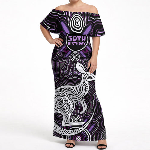Personalised Aboriginal 50th Birthday Off Shoulder Maxi Dress Kangaroo Indigenous Dot Art Australian Culture