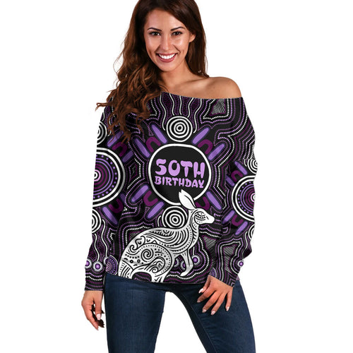 Personalised Aboriginal 50th Birthday Off Shoulder Sweater Kangaroo Indigenous Dot Art Australian Culture