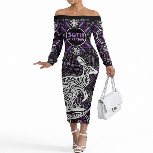 Personalised Aboriginal 50th Birthday Off The Shoulder Long Sleeve Dress Kangaroo Indigenous Dot Art Australian Culture