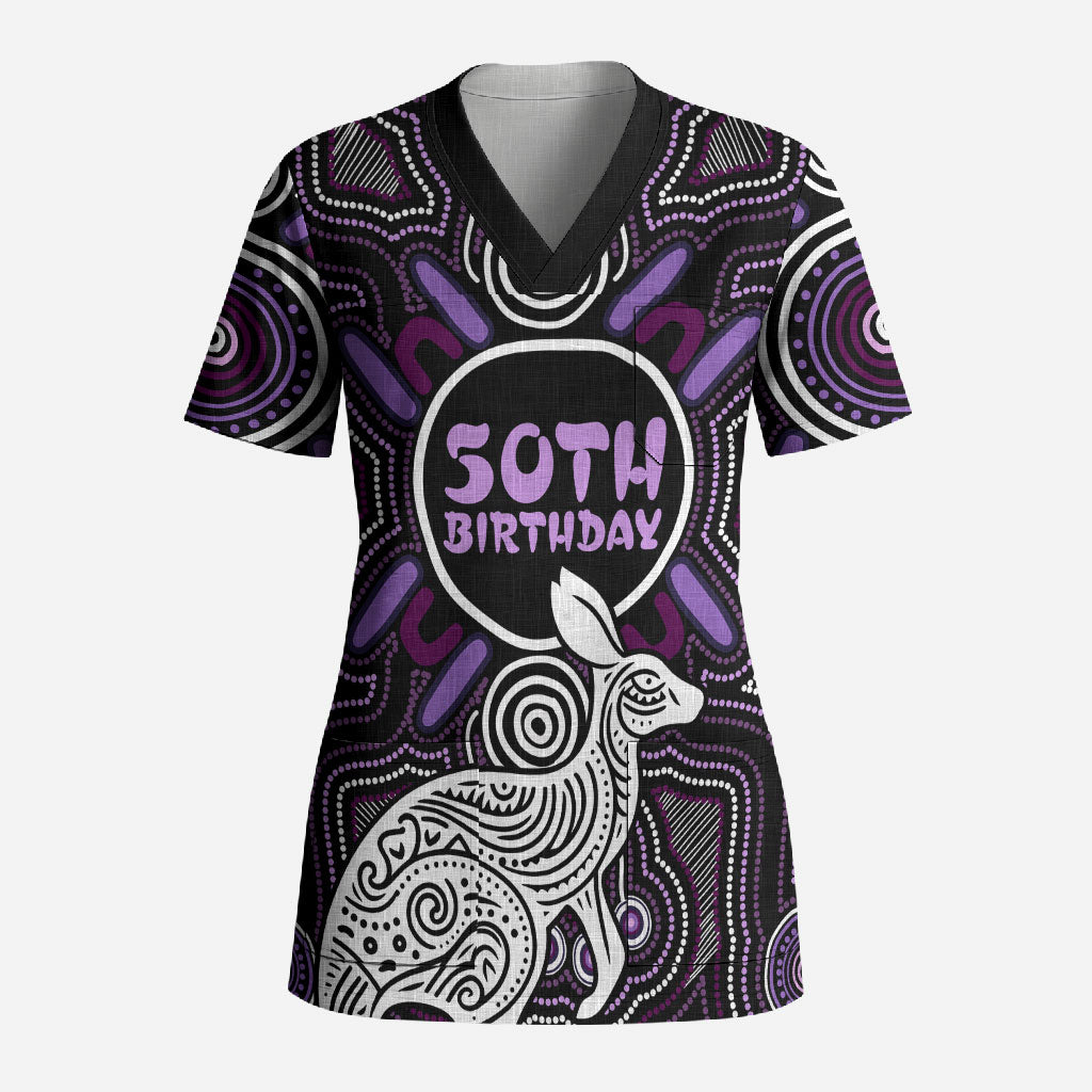 Personalised Aboriginal 50th Birthday Scrub Top Kangaroo Indigenous Dot Art Australian Culture