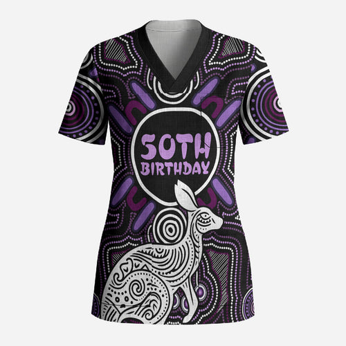 Personalised Aboriginal 50th Birthday Scrub Top Kangaroo Indigenous Dot Art Australian Culture
