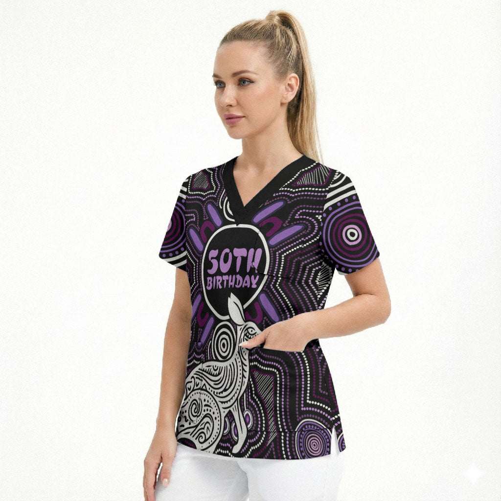 Personalised Aboriginal 50th Birthday Scrub Top Kangaroo Indigenous Dot Art Australian Culture