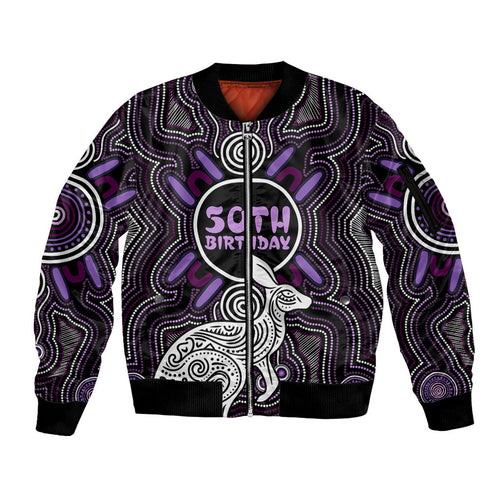 Personalised Aboriginal 50th Birthday Sleeve Zip Bomber Jacket Kangaroo Indigenous Dot Art Australian Culture
