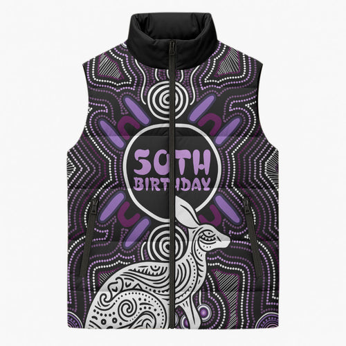 Personalised Aboriginal 50th Birthday Sleeveless Puffer Jacket Kangaroo Indigenous Dot Art Australian Culture
