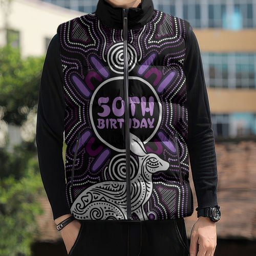 Personalised Aboriginal 50th Birthday Sleeveless Puffer Jacket Kangaroo Indigenous Dot Art Australian Culture