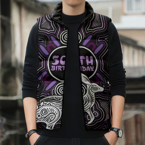 Personalised Aboriginal 50th Birthday Sleeveless Puffer Jacket Kangaroo Indigenous Dot Art Australian Culture