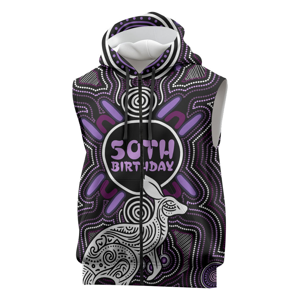Personalised Aboriginal 50th Birthday Sleeveless Zip Hoodie Kangaroo Indigenous Dot Art Australian Culture