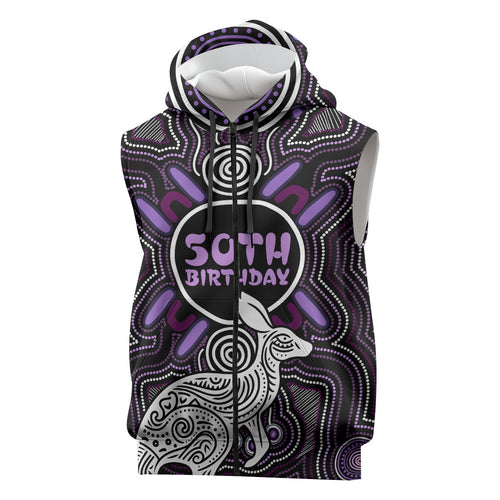 Personalised Aboriginal 50th Birthday Sleeveless Zip Hoodie Kangaroo Indigenous Dot Art Australian Culture