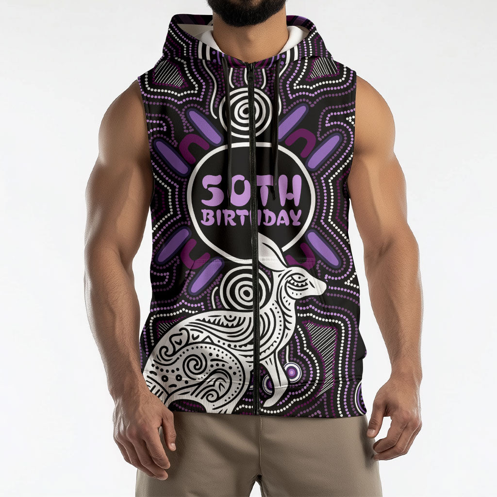 Personalised Aboriginal 50th Birthday Sleeveless Zip Hoodie Kangaroo Indigenous Dot Art Australian Culture