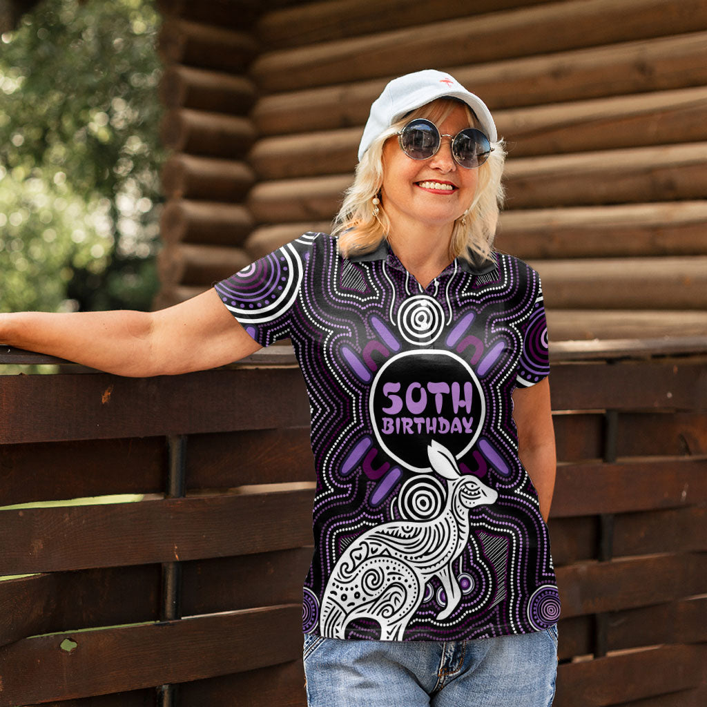 Personalised Aboriginal 50th Birthday Women Polo Shirt Kangaroo Indigenous Dot Art Australian Culture