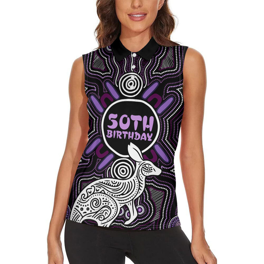Personalised Aboriginal 50th Birthday Women Sleeveless Polo Shirt Kangaroo Indigenous Dot Art Australian Culture