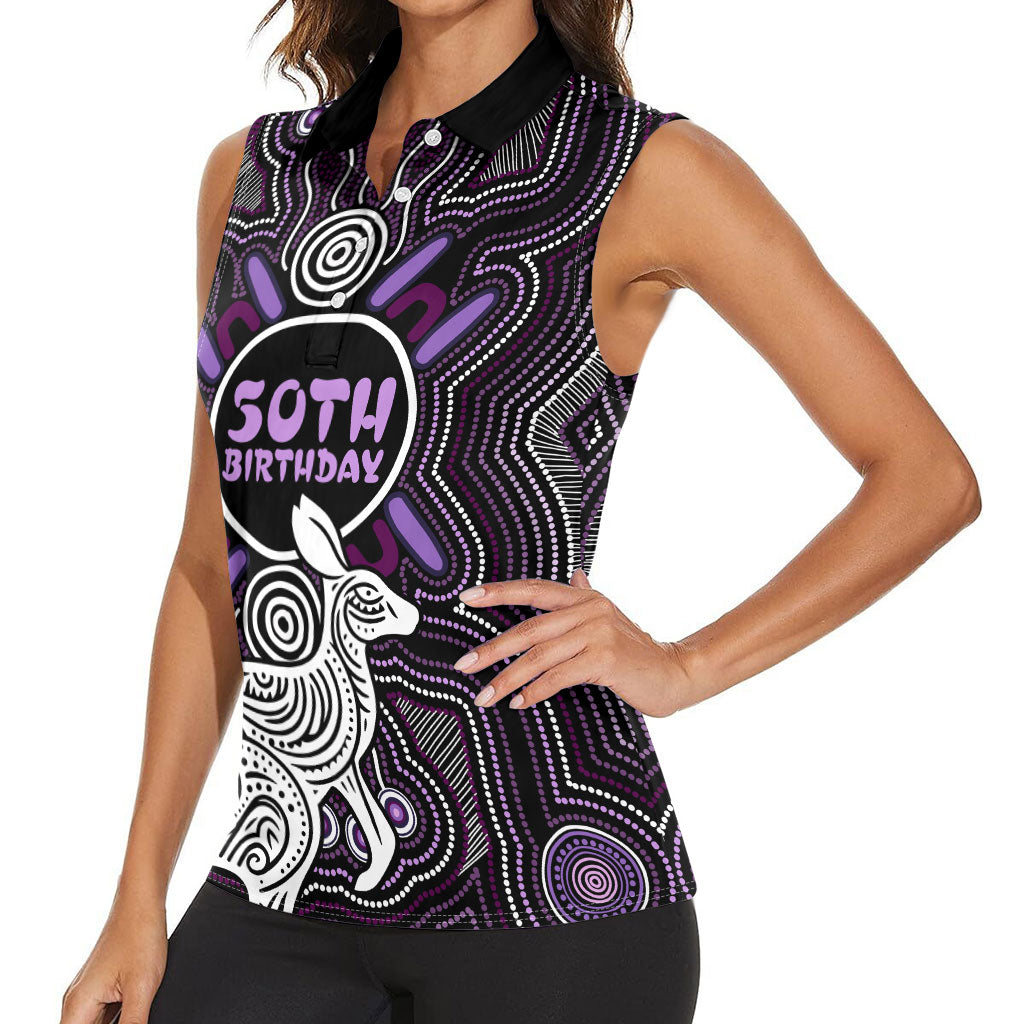 Personalised Aboriginal 50th Birthday Women Sleeveless Polo Shirt Kangaroo Indigenous Dot Art Australian Culture