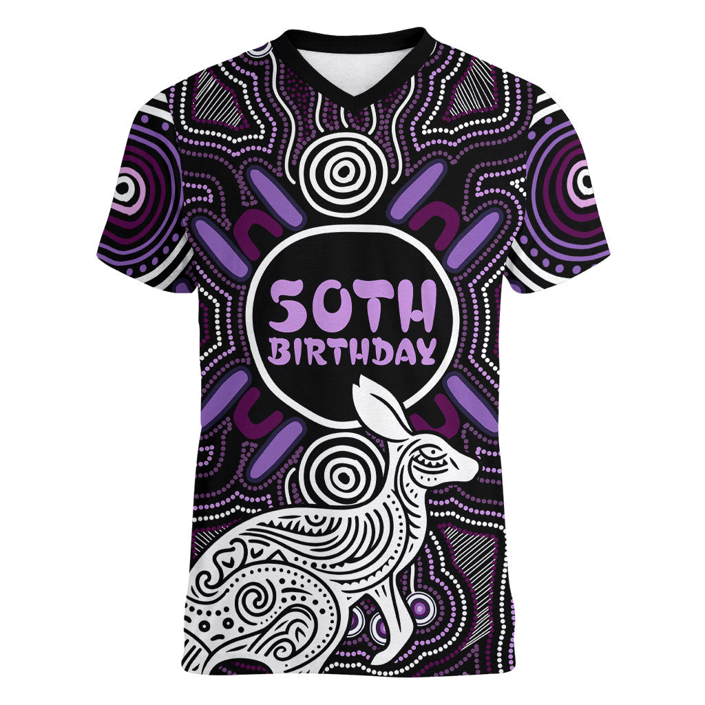 Personalised Aboriginal 50th Birthday Women V-Neck T-Shirt Kangaroo Indigenous Dot Art Australian Culture