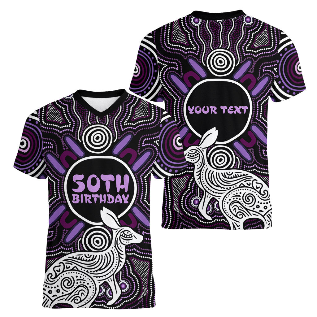 Personalised Aboriginal 50th Birthday Women V-Neck T-Shirt Kangaroo Indigenous Dot Art Australian Culture