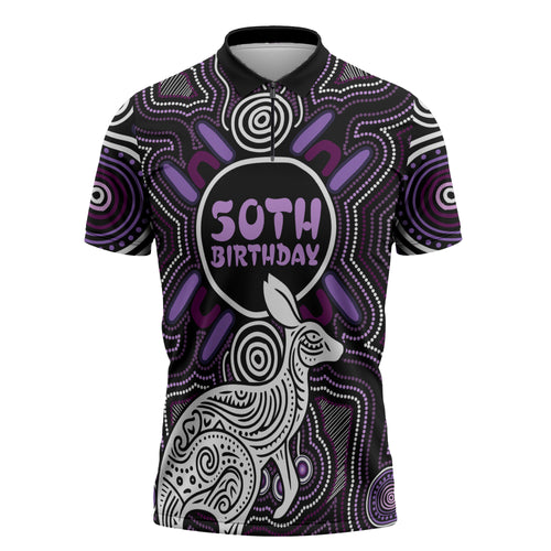 Personalised Aboriginal 50th Birthday Zipper Polo Shirt Kangaroo Indigenous Dot Art Australian Culture